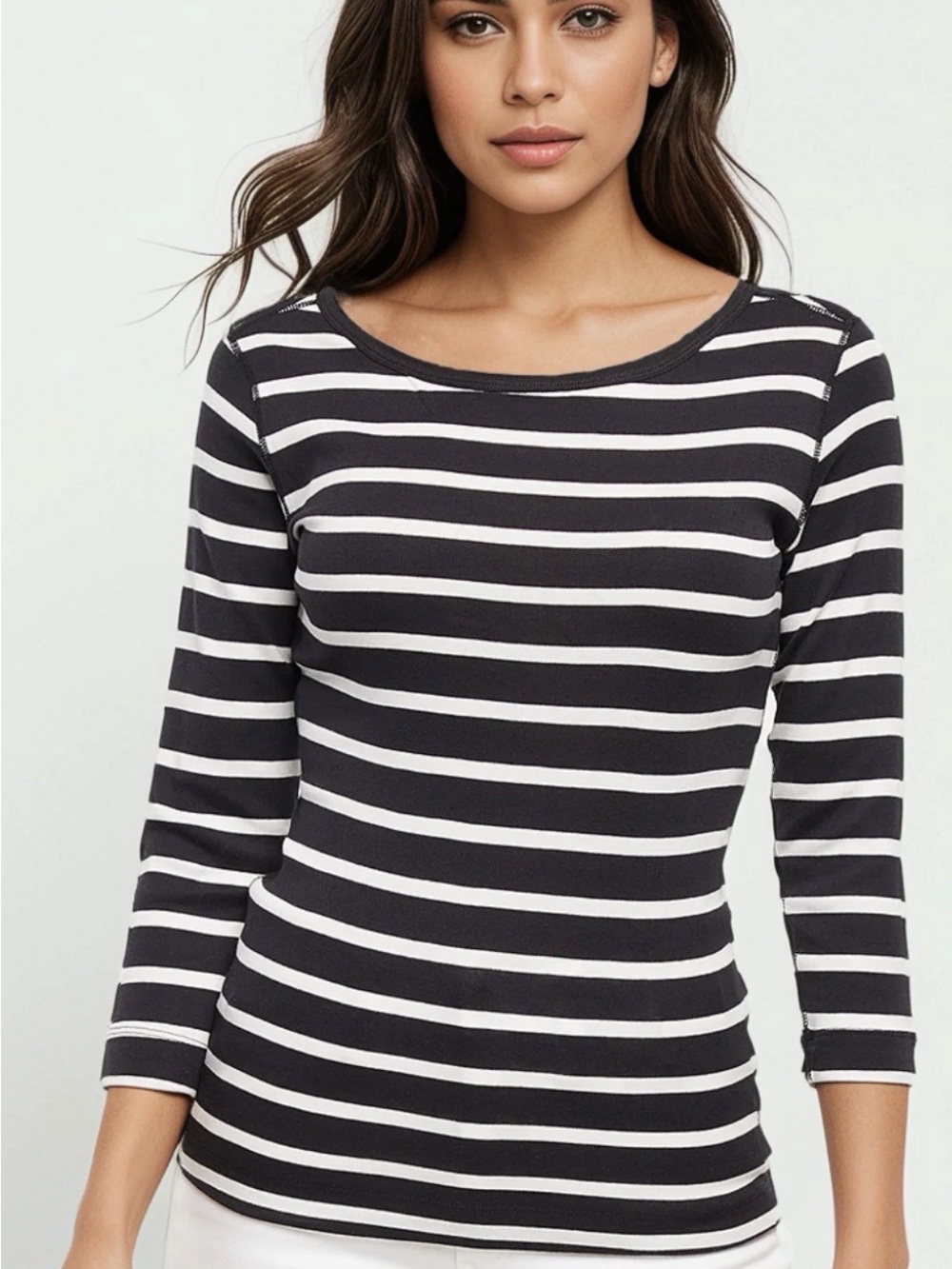 Three Dots Black and White Striped Boatneck Top